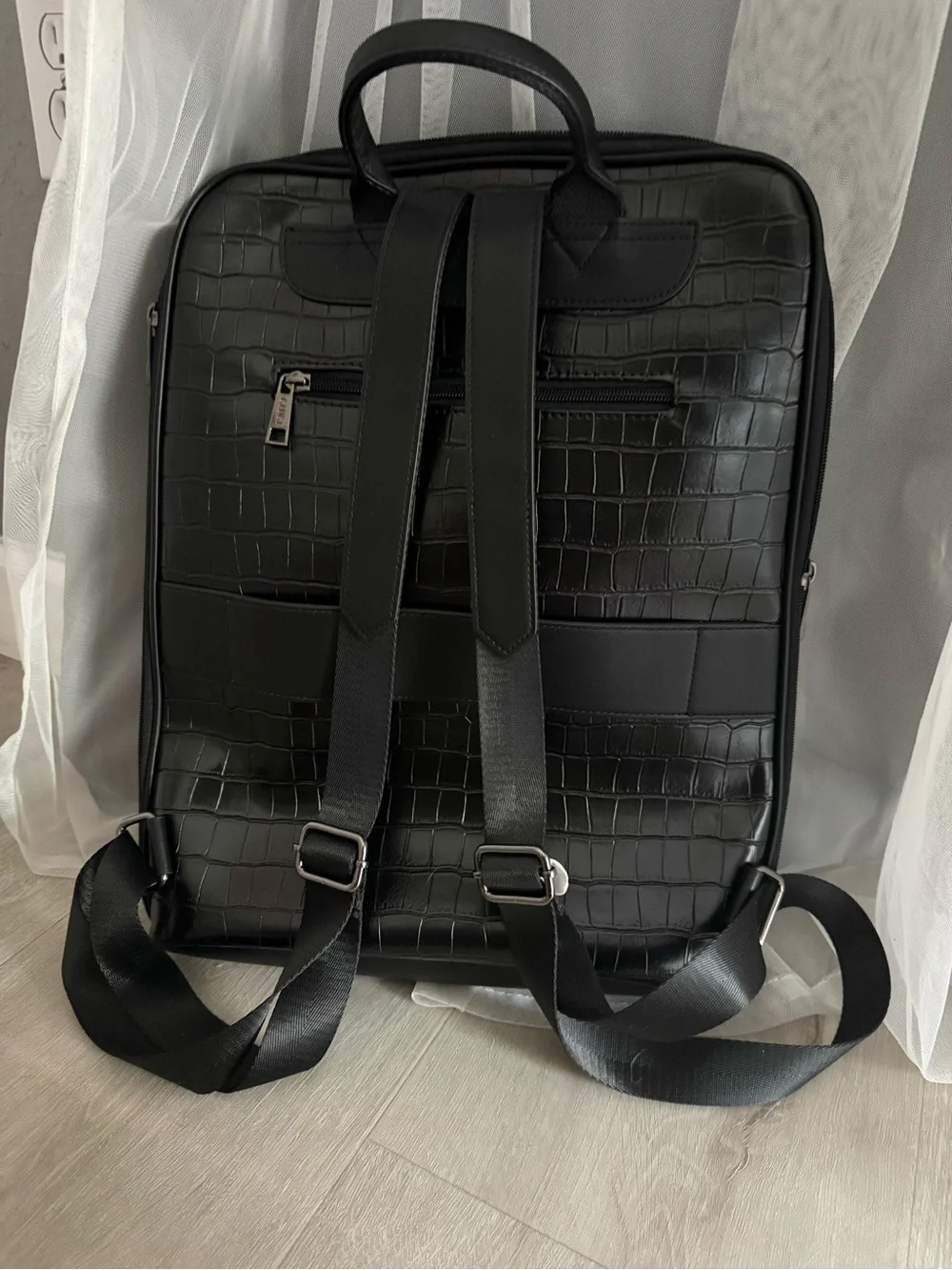 Men's Black Croc-Embossed Backpack with Front Organizer